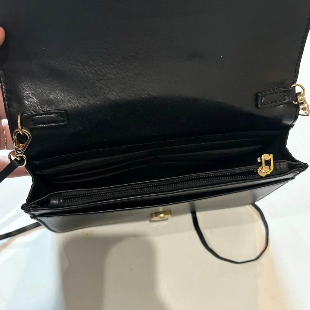 Badgley Mischka Black Leather Crossbody with Gold Logo Plate